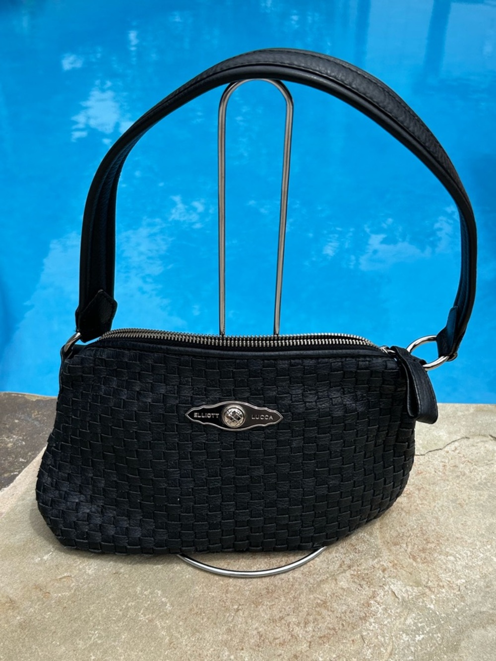 Elliott Lucca Black Woven Leather Shoulder Bag with Silver Hardware